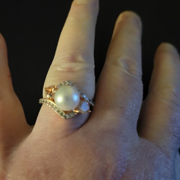 Freshwater Pearl Morganite Zircon Rose Gold Over Silver Ring - Picture 7 of 10